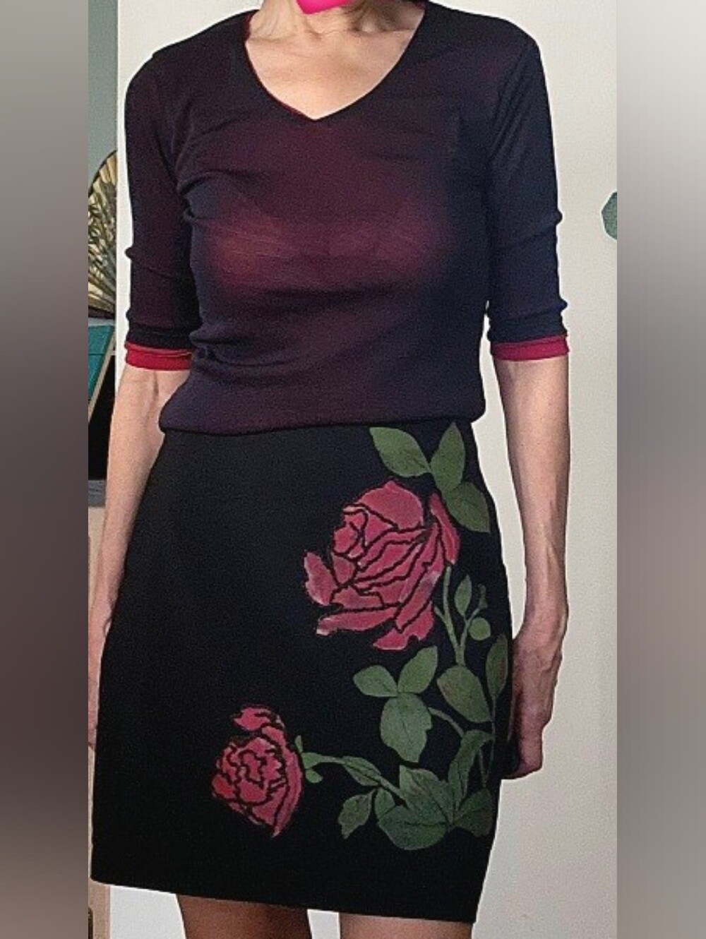 Trixxi Black Beaded Floral Printing Pencil Skirt